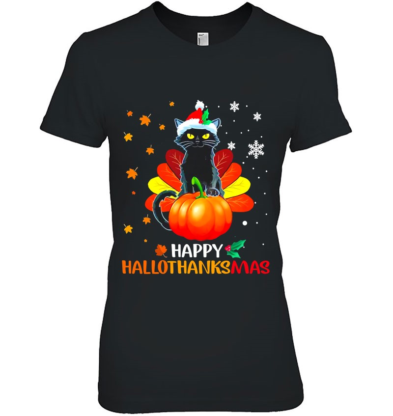 Black Cat Halloween And Merry Christmas Happy Hallothanksmas