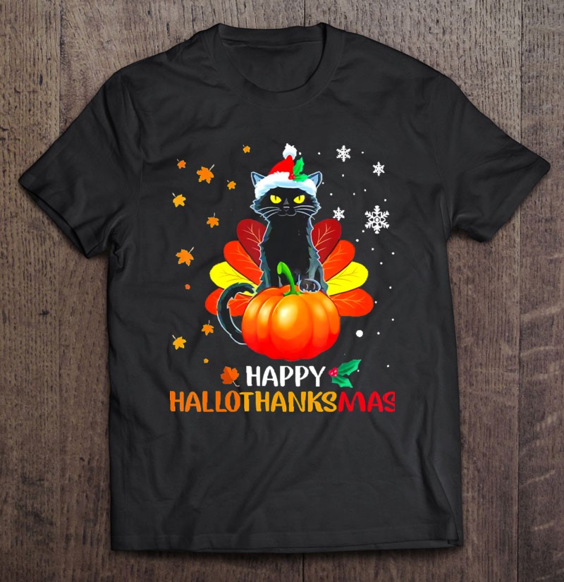 Black Cat Halloween And Merry Christmas Happy Hallothanksmas Classic
