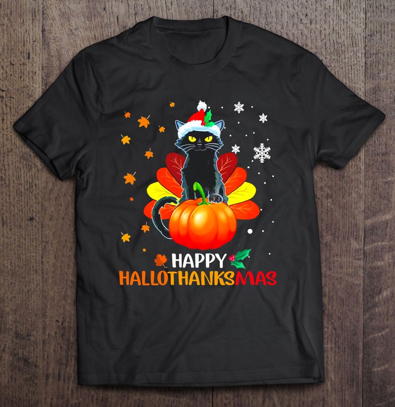 Black Cat Halloween And Merry Christmas Happy Hallothanksmas