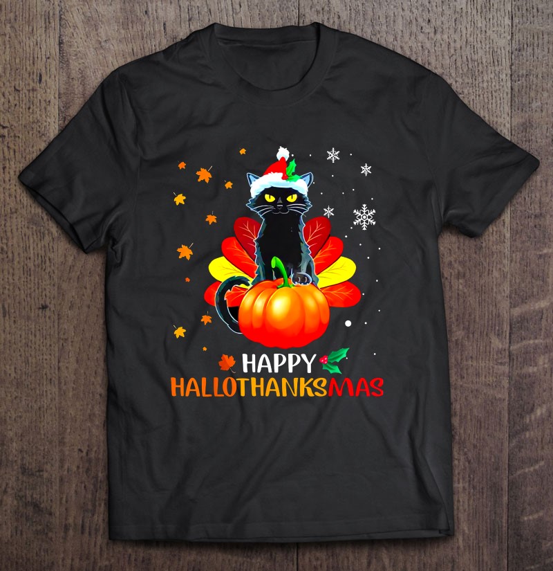 Happy Hallothanksmas Black Cat Turkey Pumpkin Santa Hat