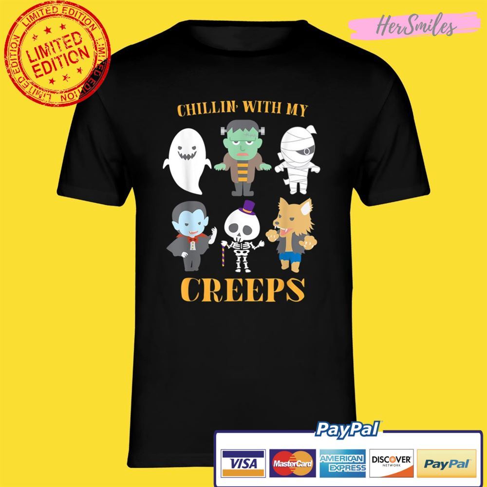 Chillin With My Creeps Funny Halloween Unisex T-Shirt Skeleton Ghost