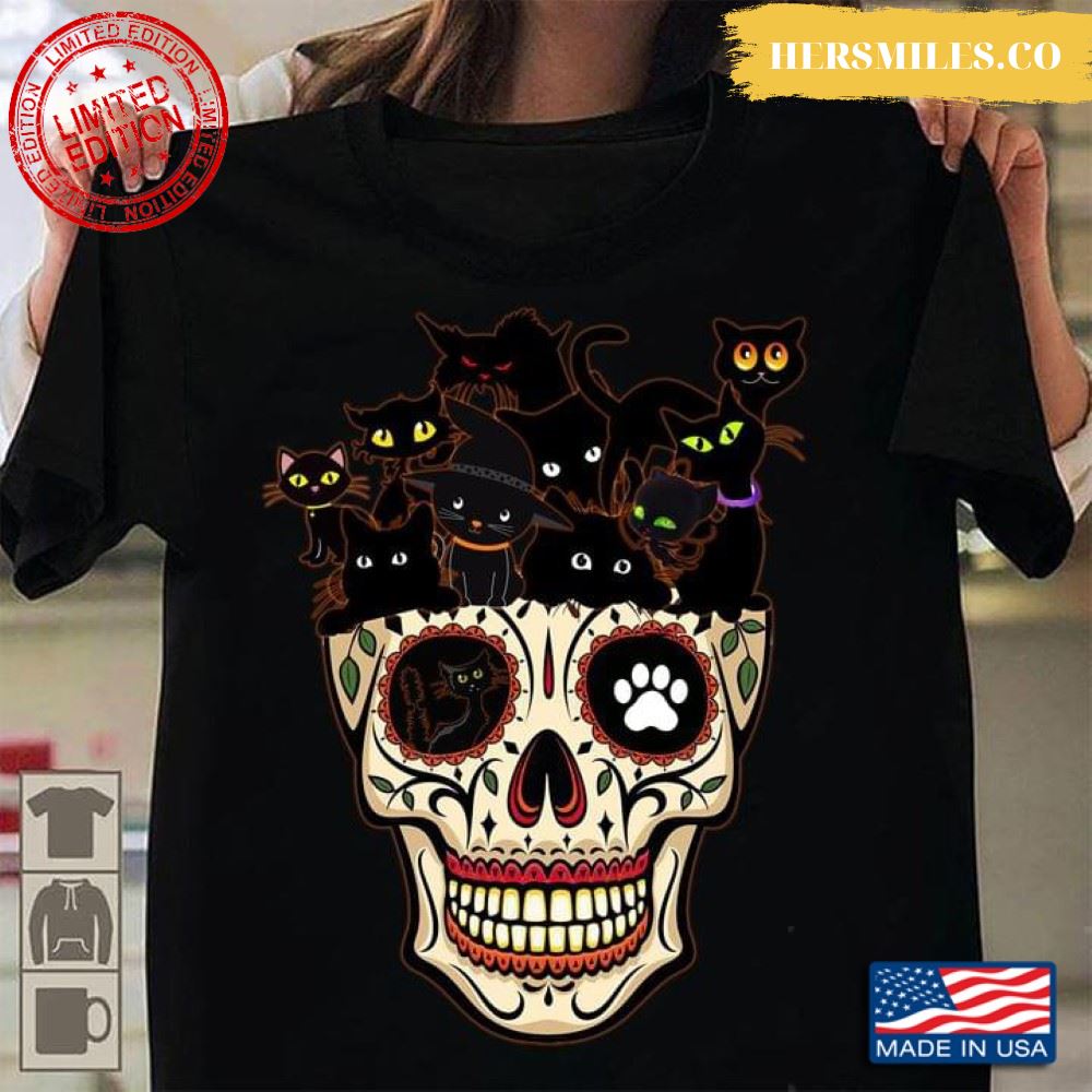 Halloween Sugar Skull Full Of Black Cats for Cat Lover Shirt