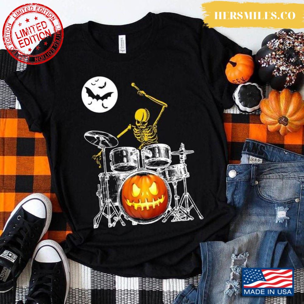 Skeleton Playing Drum Pumpkin Halloween T-Shirt