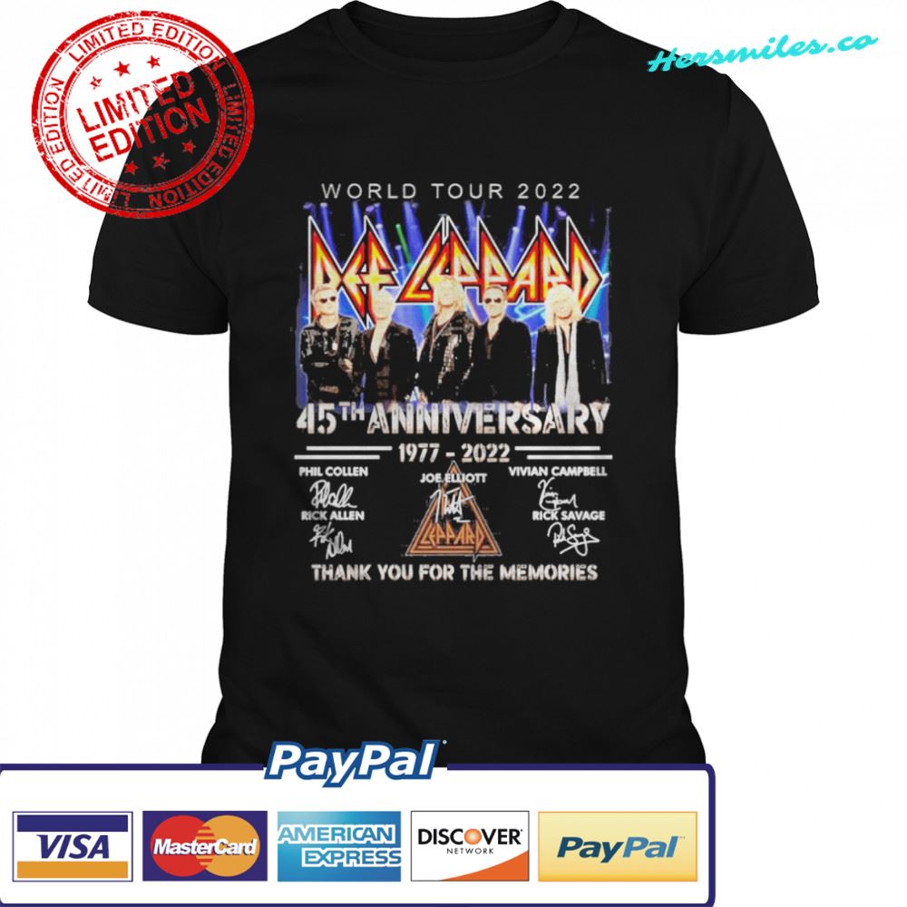 World Tour 2022 Def Leppard 45th anniversary 1977 2022 Campbell and Allen signatures thank shirt