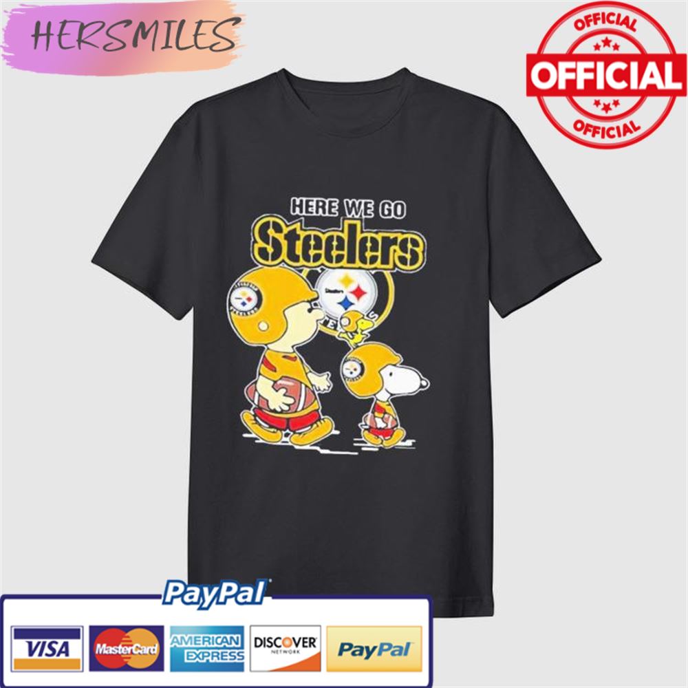 The Peanut charlie Brown Snoopy And Woodstock Here We Go Steelers T-shirt