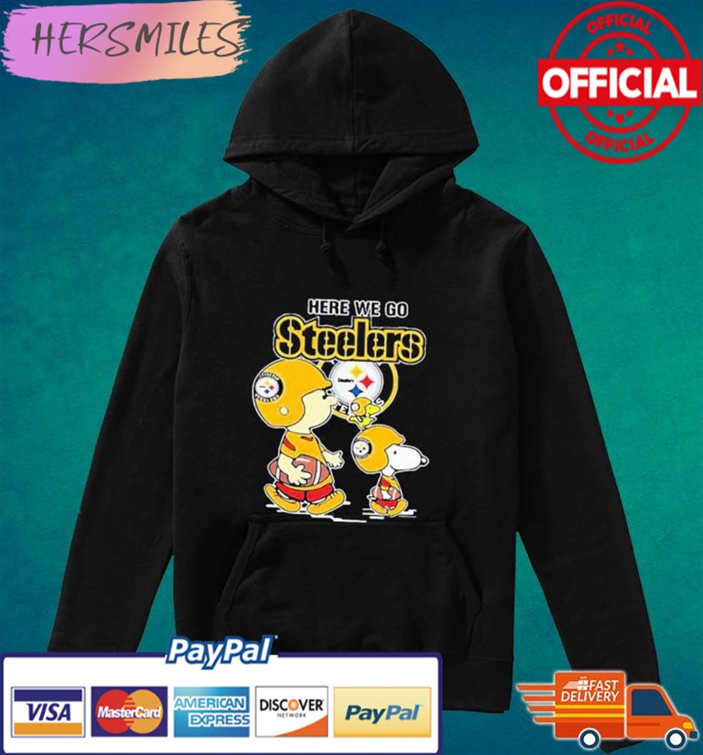 The Peanut charlie Brown Snoopy And Woodstock Here We Go Steelers T-shirt
